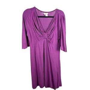 Caite Purple Draped Knot Front 3/4 Sleeve Empire Waist Knit Dress/ Tunic